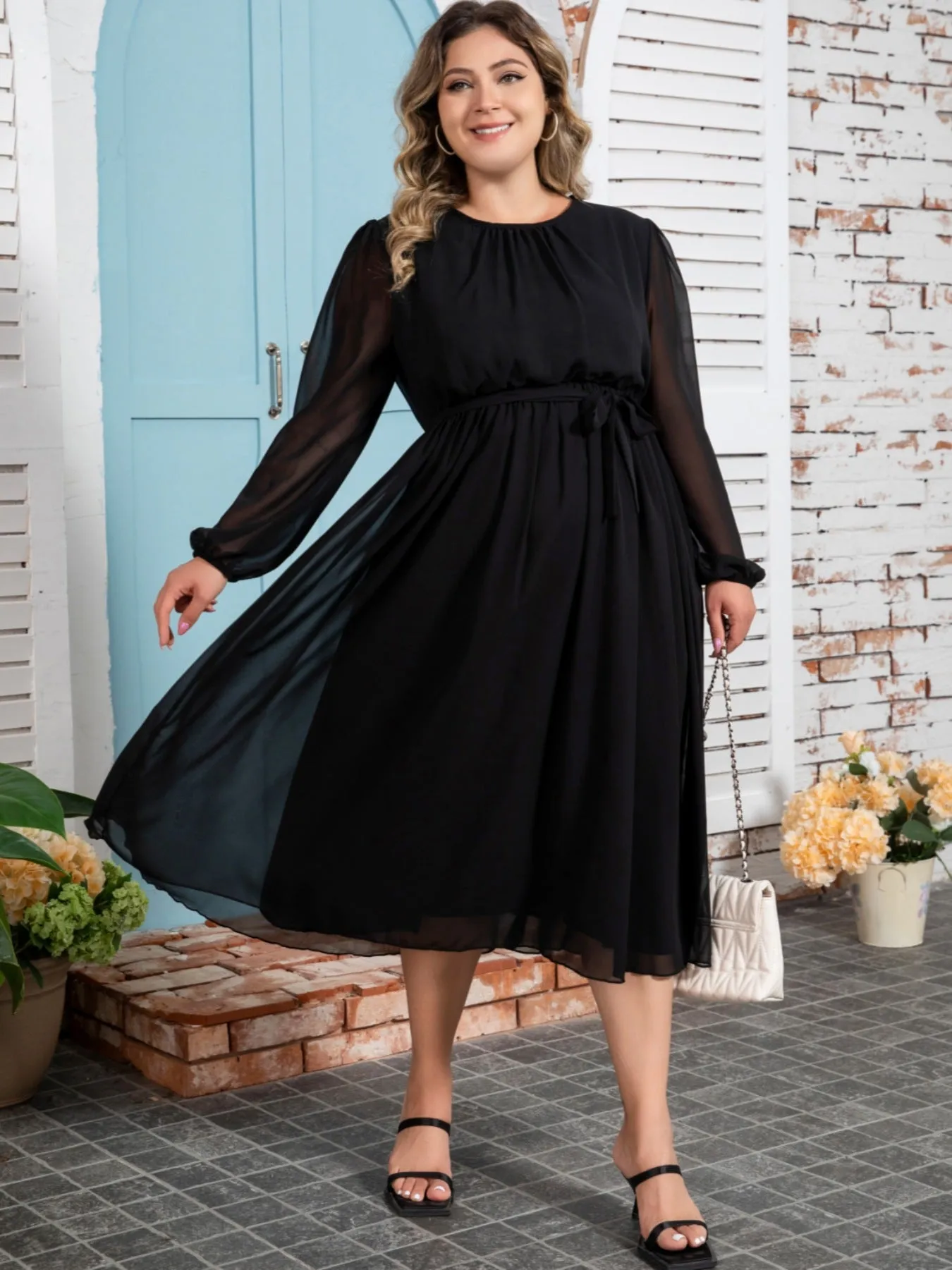 Plus Size Solid Color Chiffon Gathered Waist Fat Dress