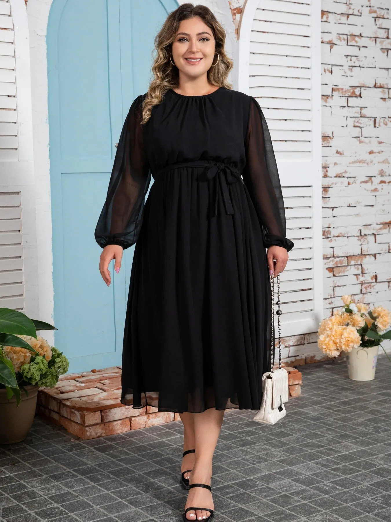 Plus Size Solid Color Chiffon Gathered Waist Fat Dress