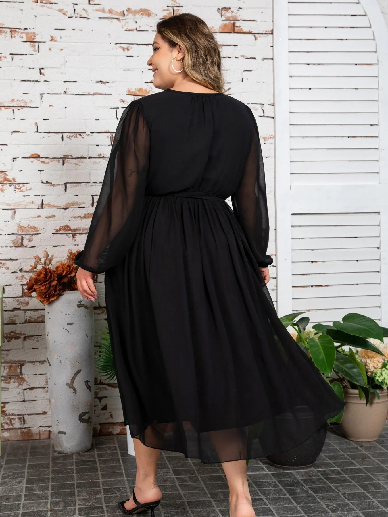 Plus Size Solid Color Chiffon Gathered Waist Fat Dress