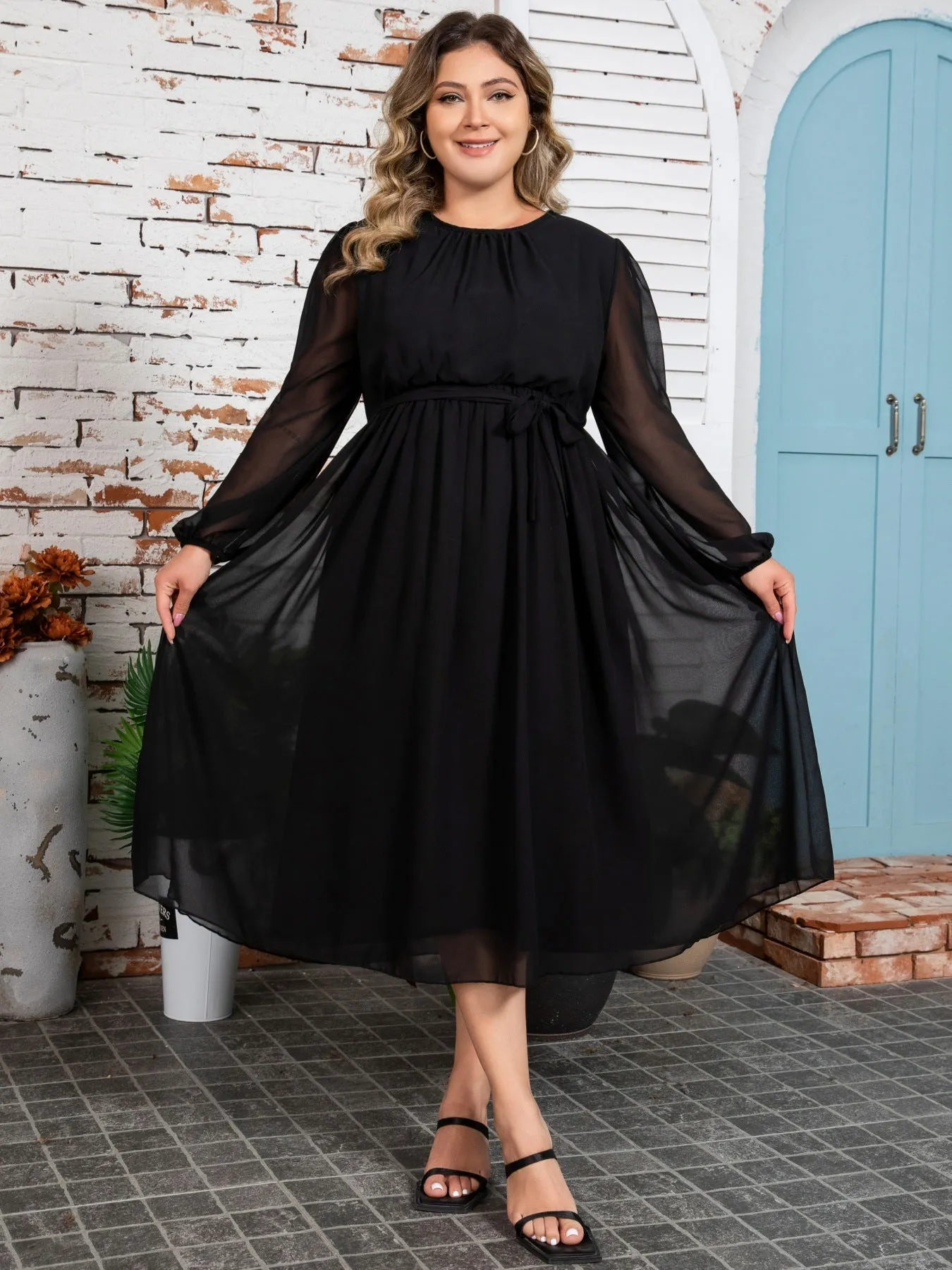 Plus Size Solid Color Chiffon Gathered Waist Fat Dress