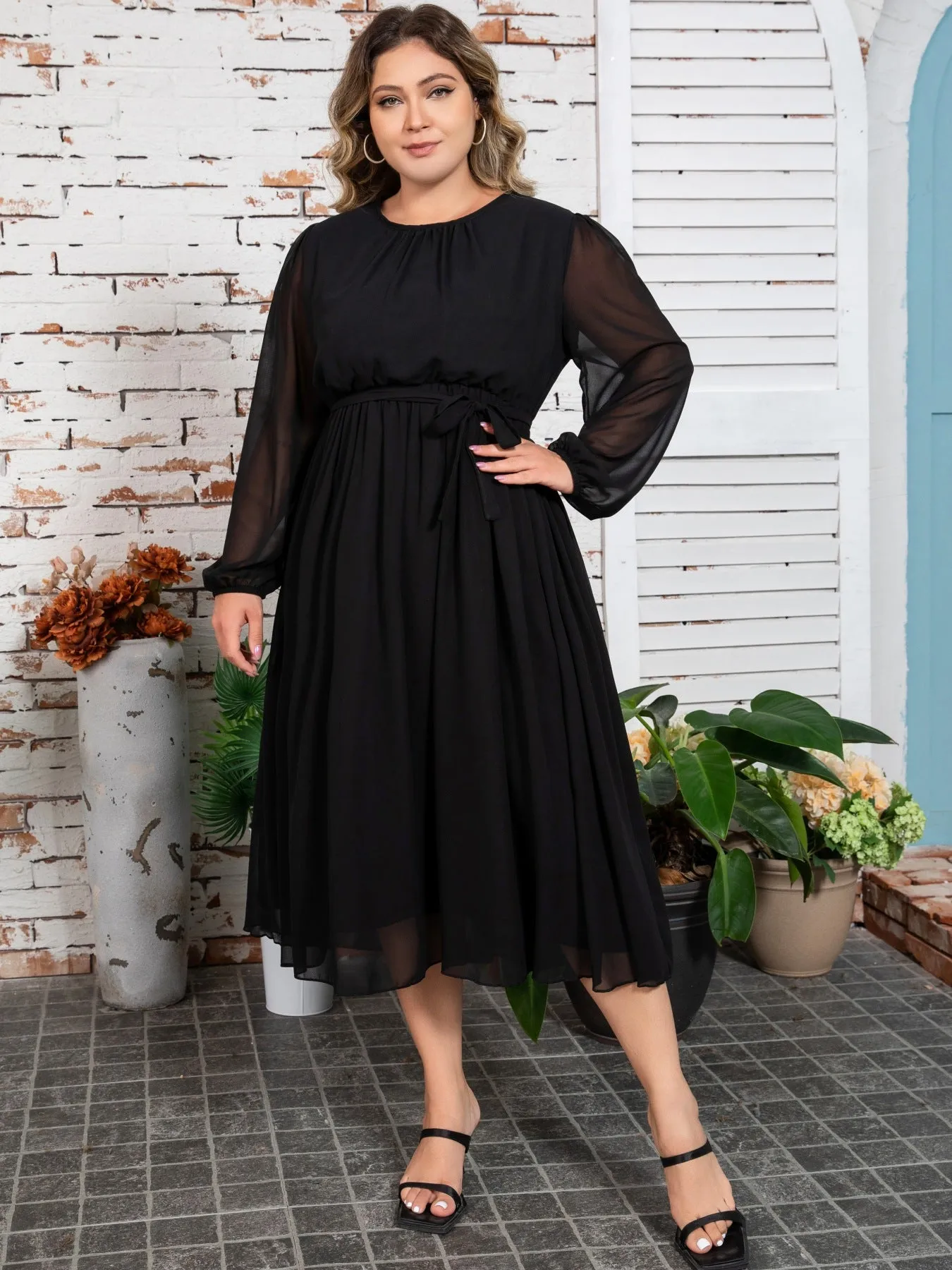 Plus Size Solid Color Chiffon Gathered Waist Fat Dress