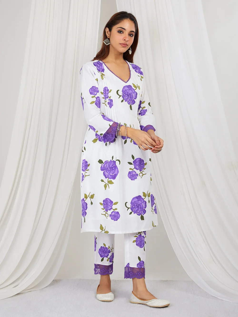 Purple White Hand Block Printed Cotton Suit - Set of 3