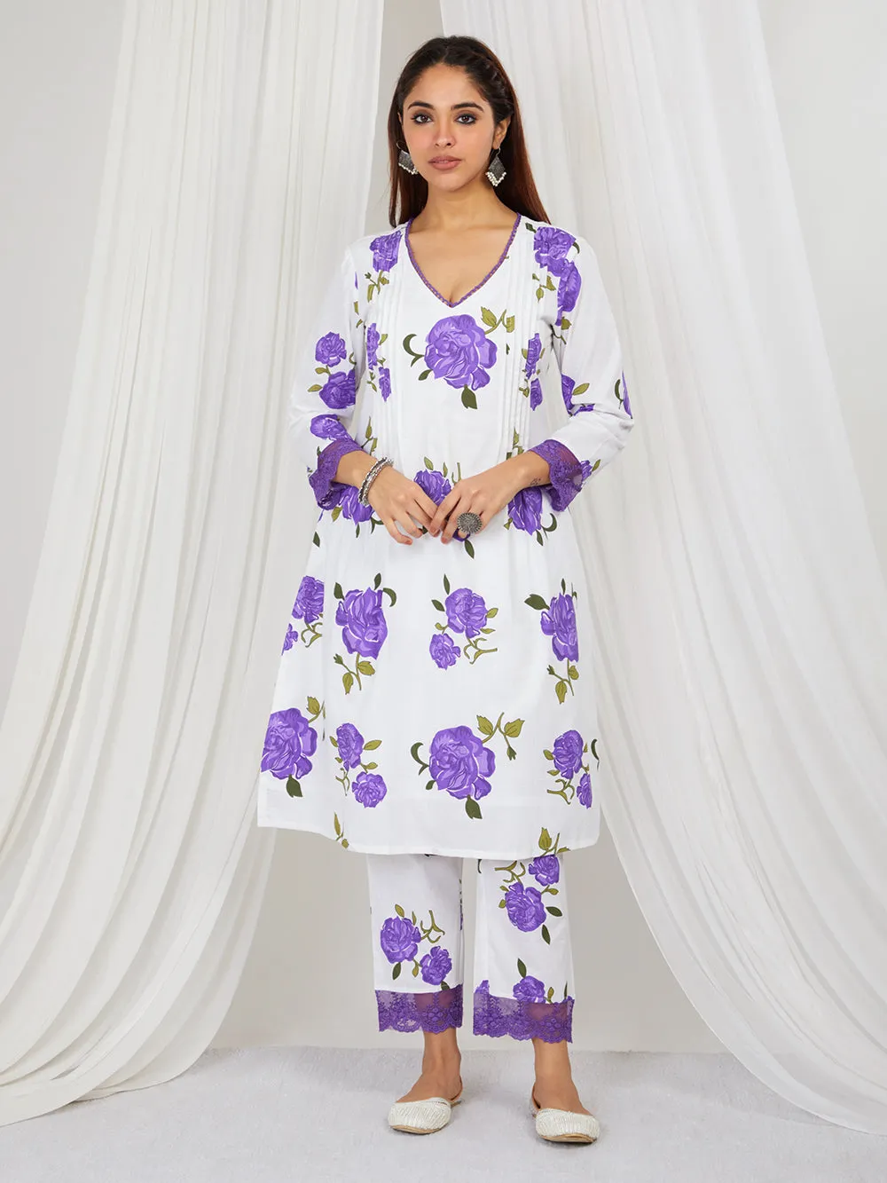 Purple White Hand Block Printed Cotton Suit - Set of 3