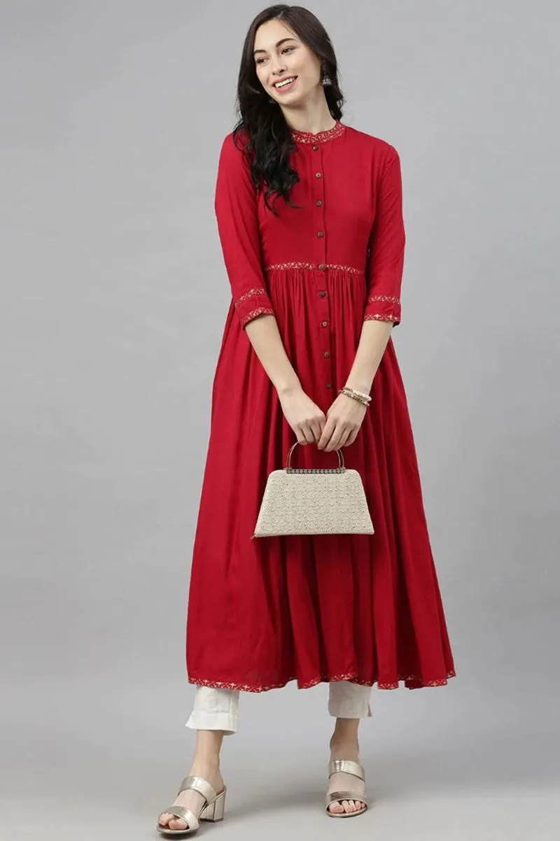 Red Cotton Flared Kurta