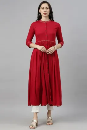 Red Cotton Flared Kurta