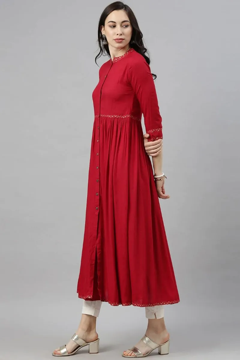 Red Cotton Flared Kurta