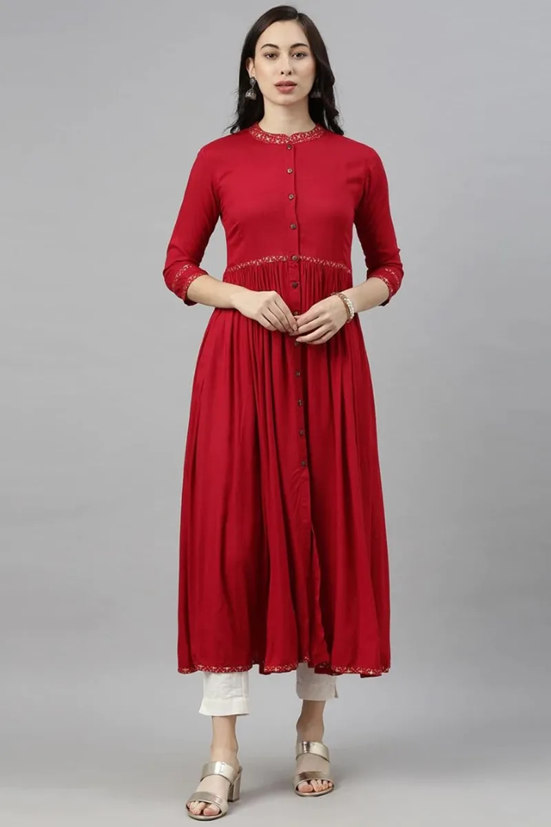 Red Cotton Flared Kurta