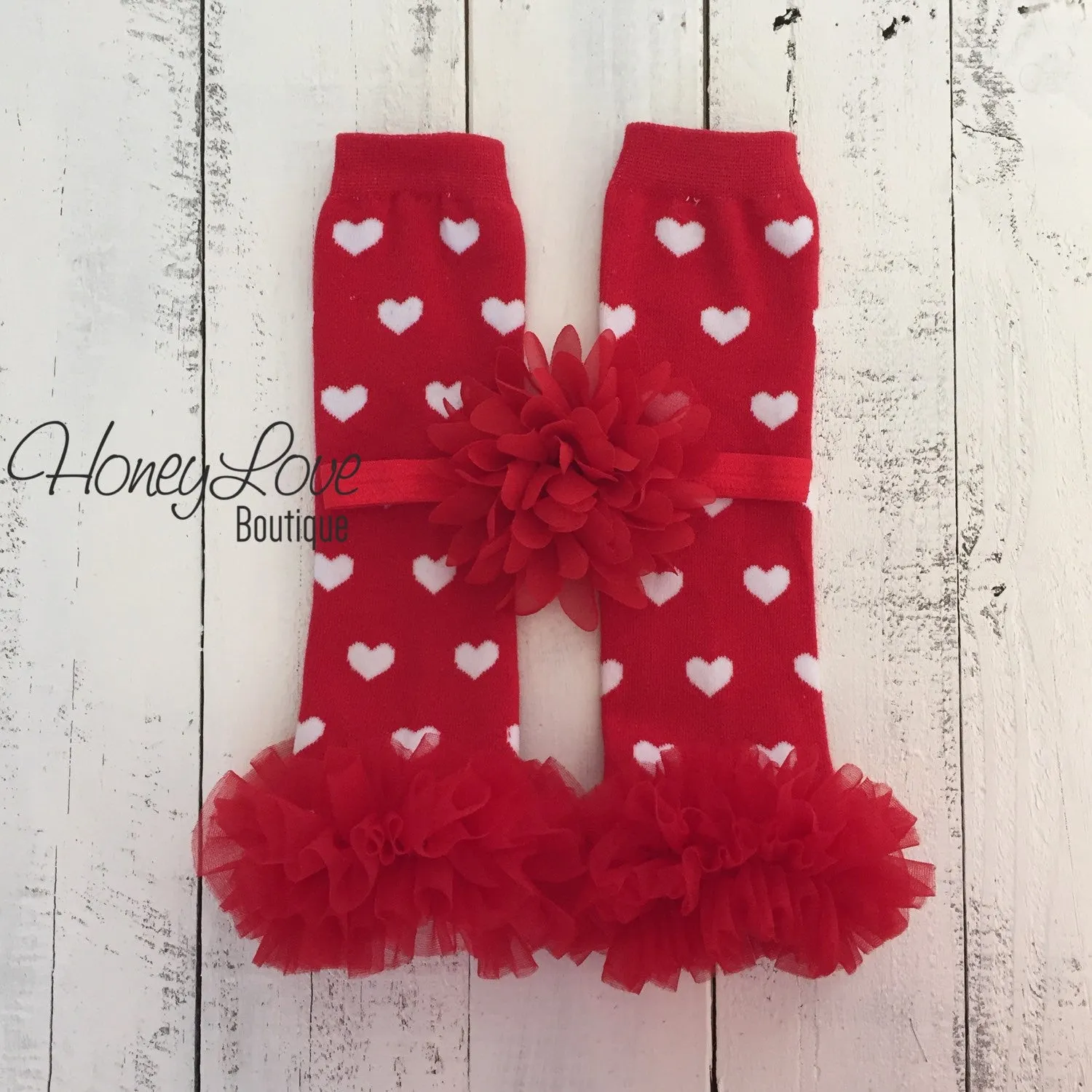 Red/White Heart leg warmers, red flower headband, red ruffle bottom bloomers