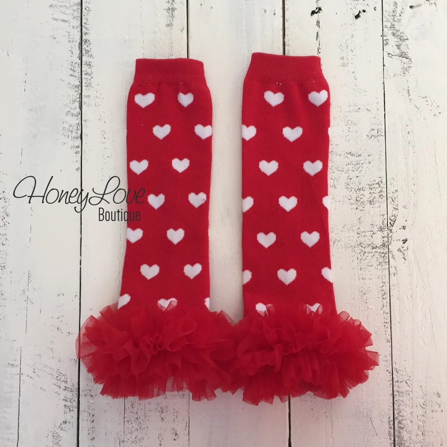 Red/White Heart leg warmers, red flower headband, red ruffle bottom bloomers