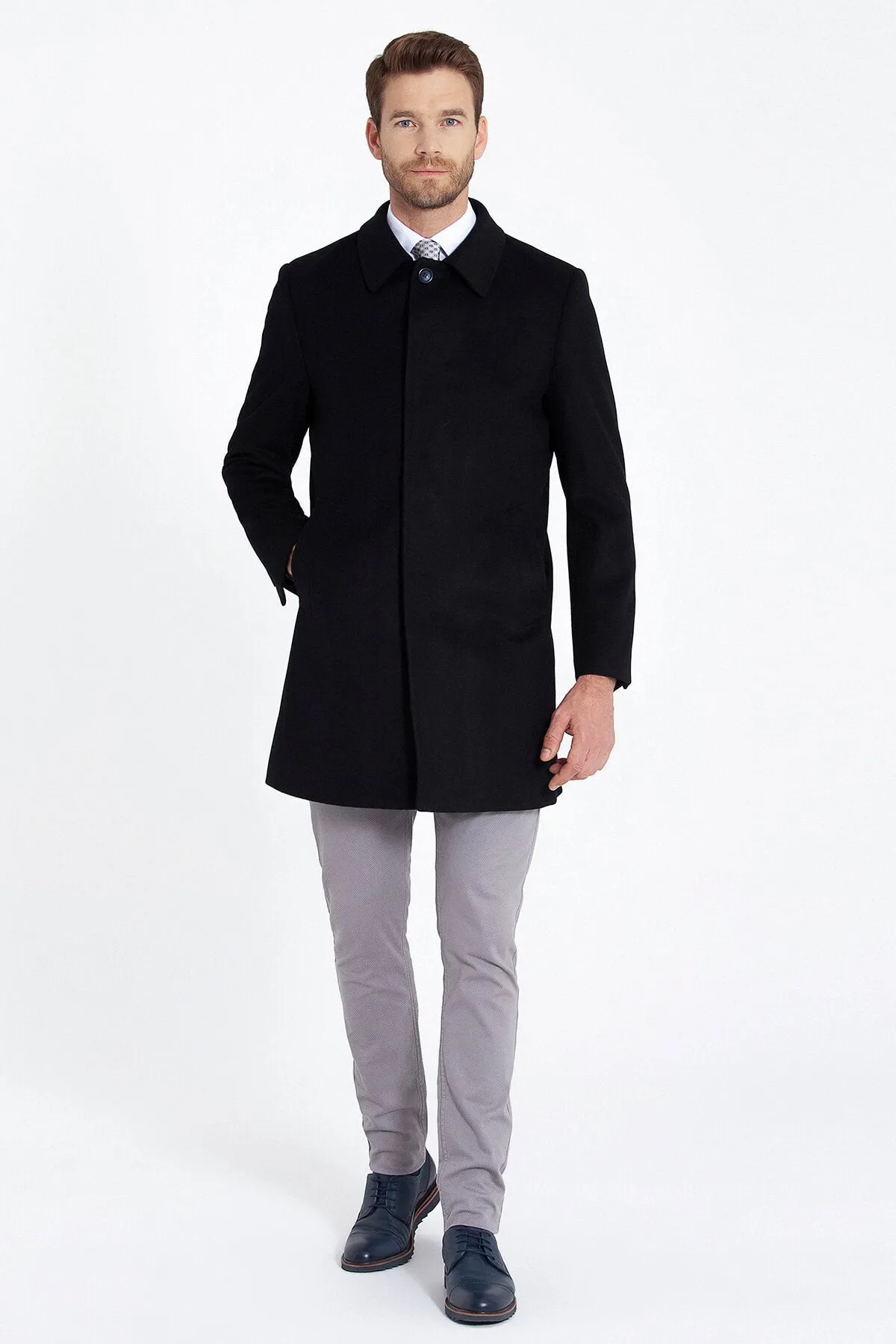 Regular Fit Cachet Flat Collar Wool Blend Navy Overcoat