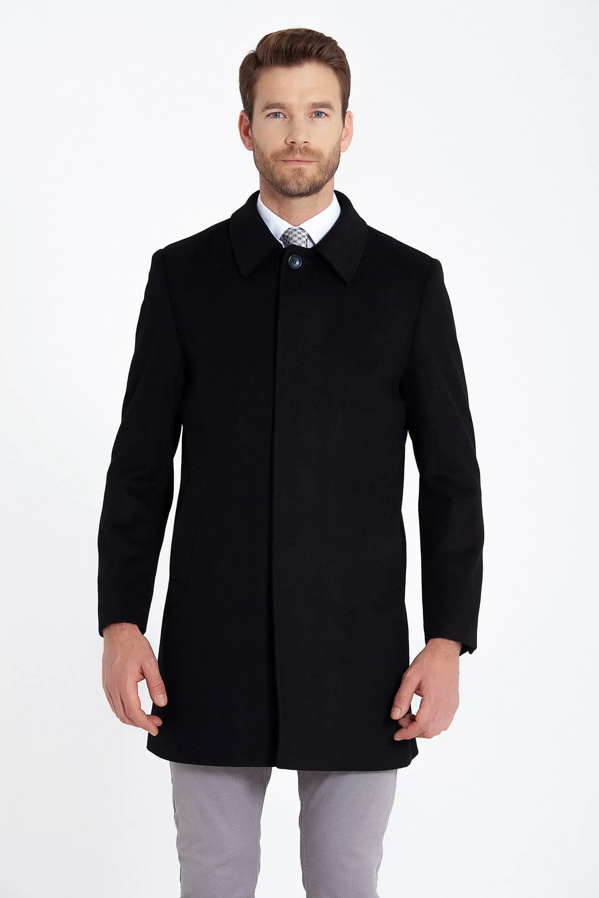 Regular Fit Cachet Flat Collar Wool Blend Navy Overcoat