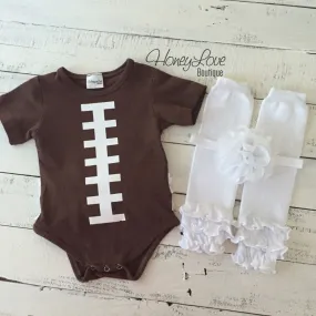 Ruffle Bottom Football bodysuit and optional headband and leg warmers