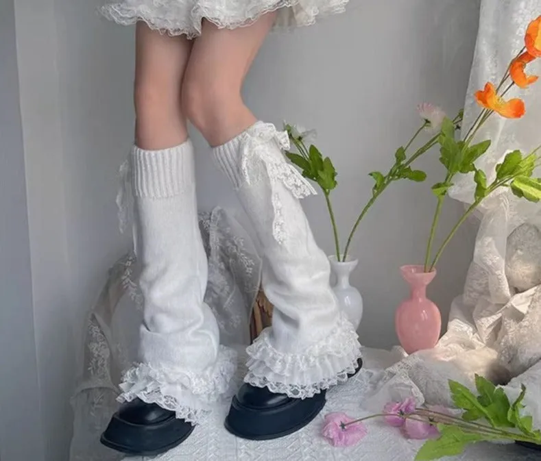 Ruffled White Lace Leg Warmers