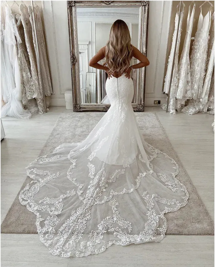 Sexy Mermaid Wedding Dresses  Scoop neck Lace Appliques Bridde Dress Open Back Country Bridal Gown Vestido de novie