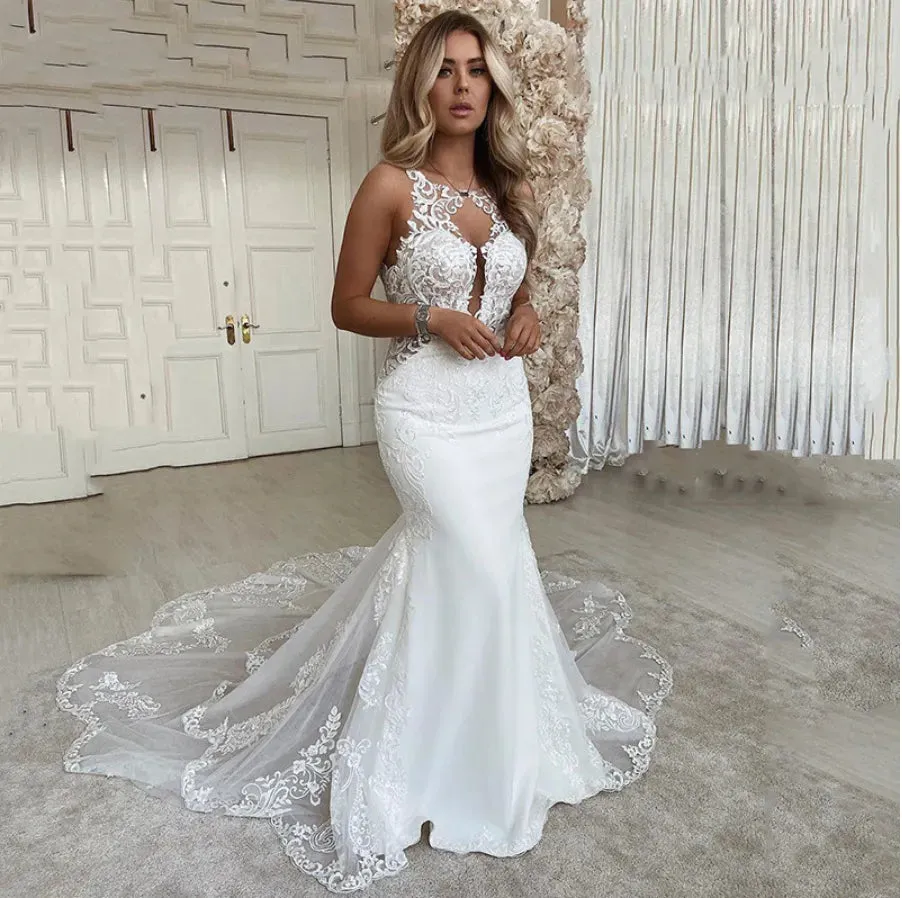 Sexy Mermaid Wedding Dresses  Scoop neck Lace Appliques Bridde Dress Open Back Country Bridal Gown Vestido de novie