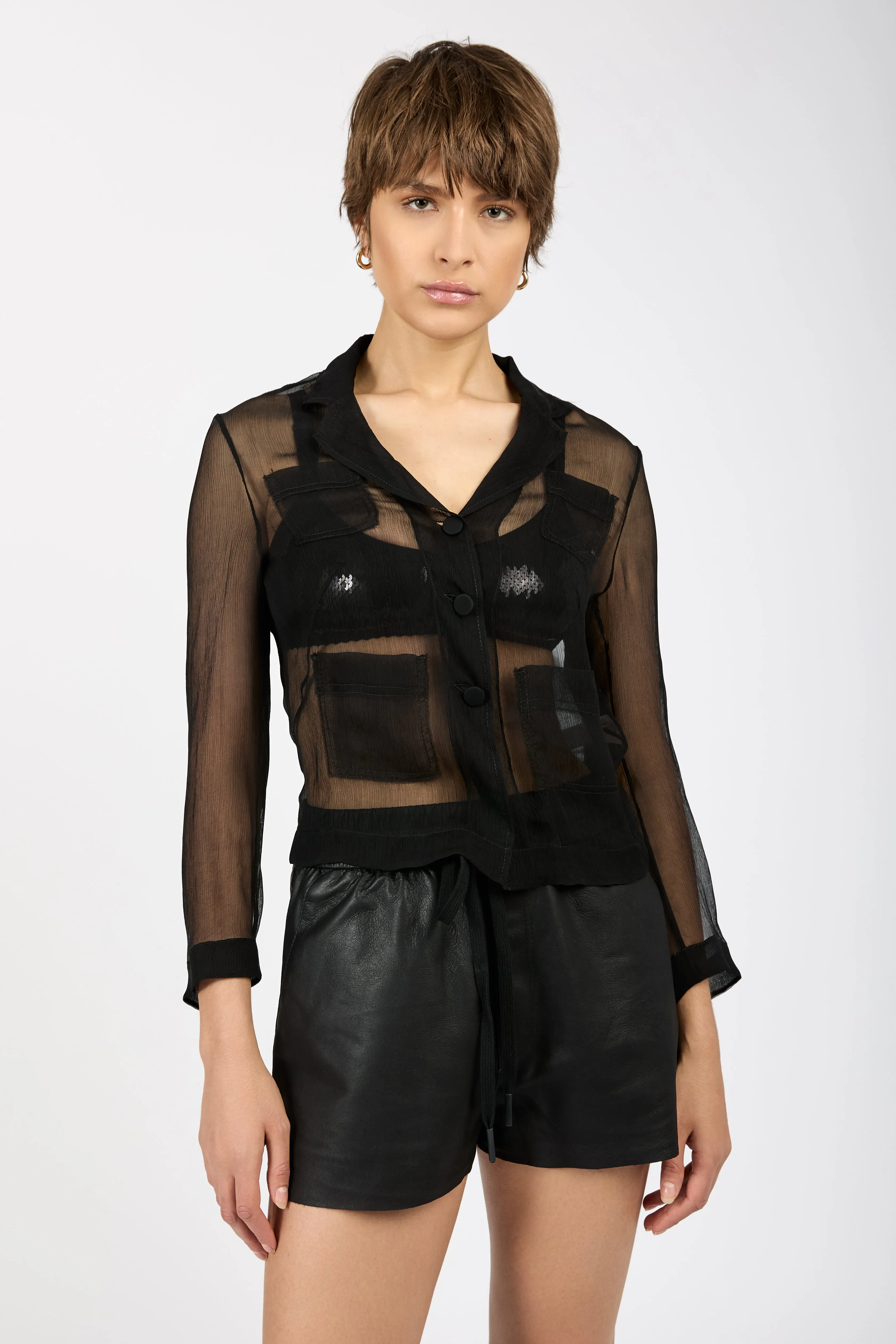 Sheer Silk Blazer Top in Black