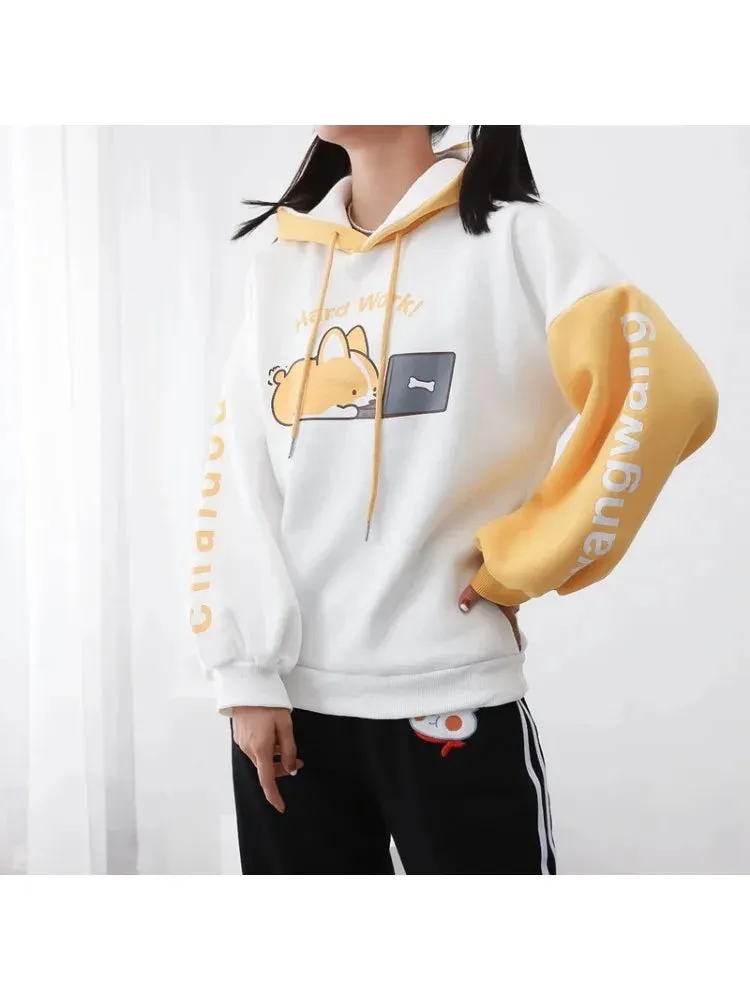 Shiba Inu Print Kawaii Women Hoodies Chic Drawstring Harajuku Cute Hooded Sweatshirts Winter Long Sleeve Female Sweet Tops