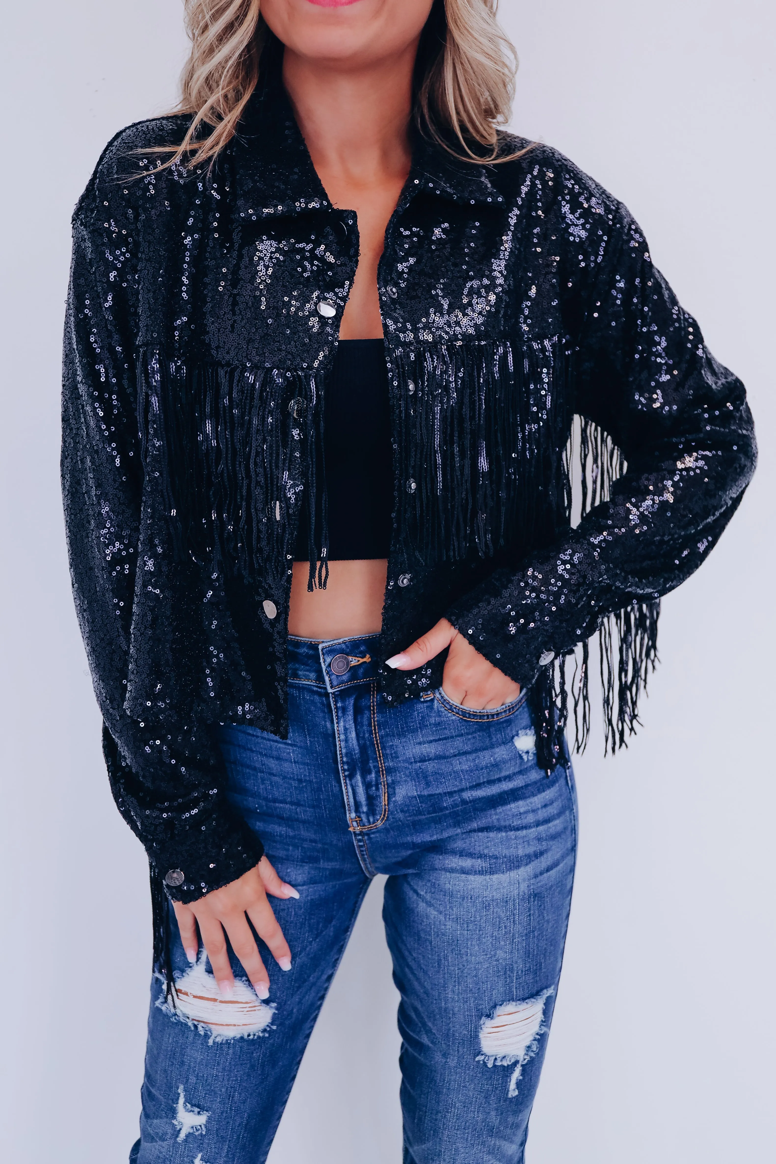 Shimmering Sequin Fringe Cropped Jacket - Black