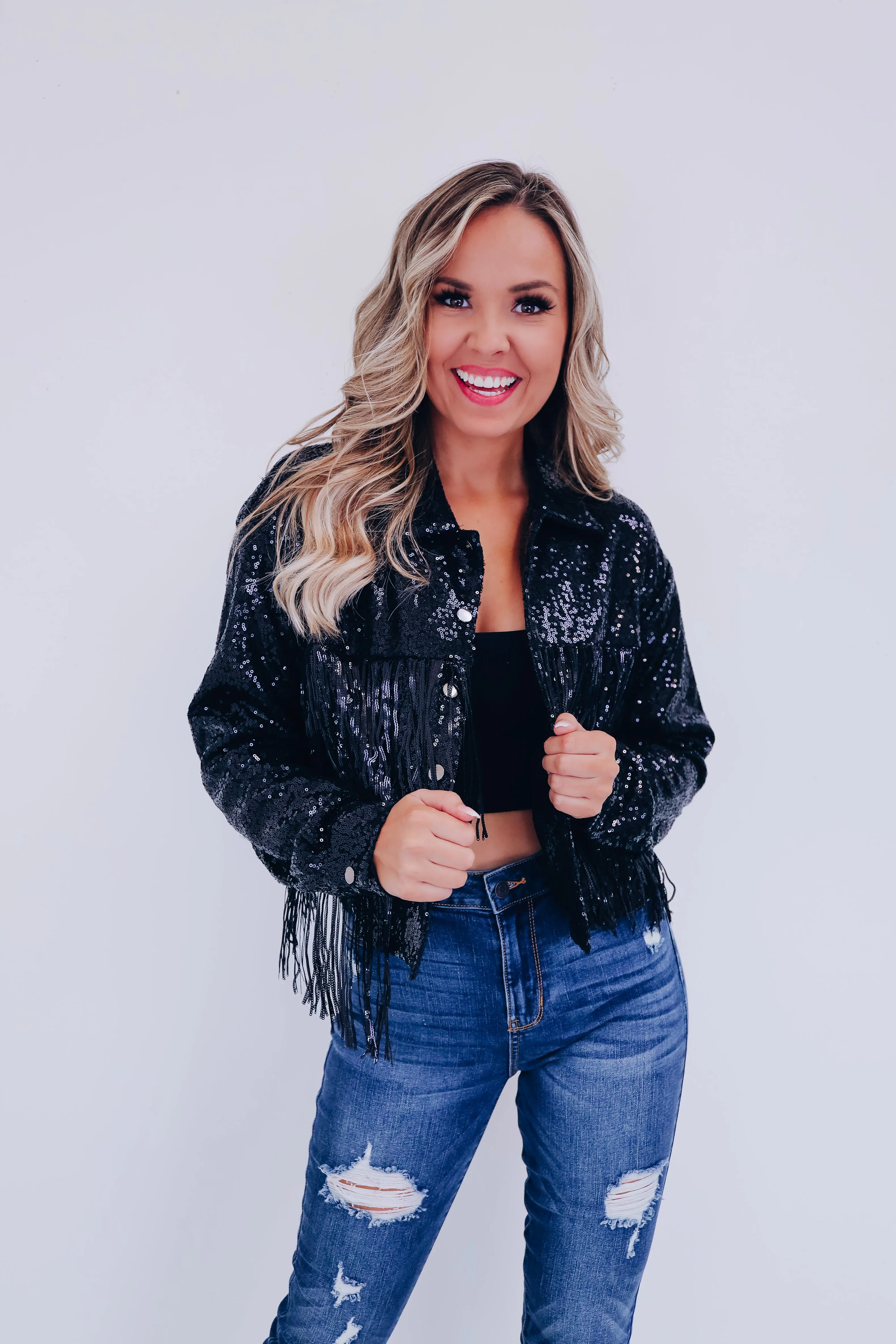 Shimmering Sequin Fringe Cropped Jacket - Black