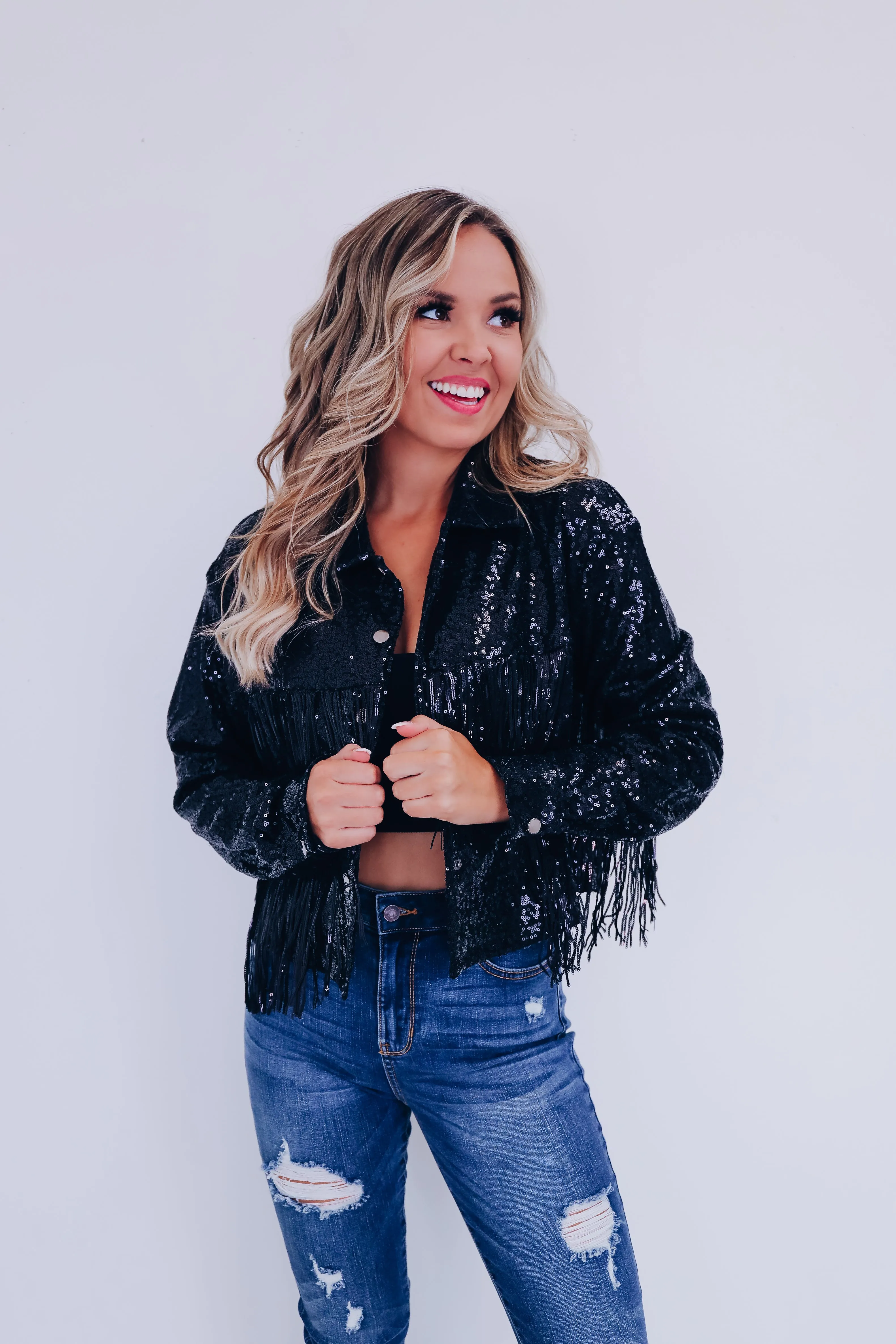 Shimmering Sequin Fringe Cropped Jacket - Black