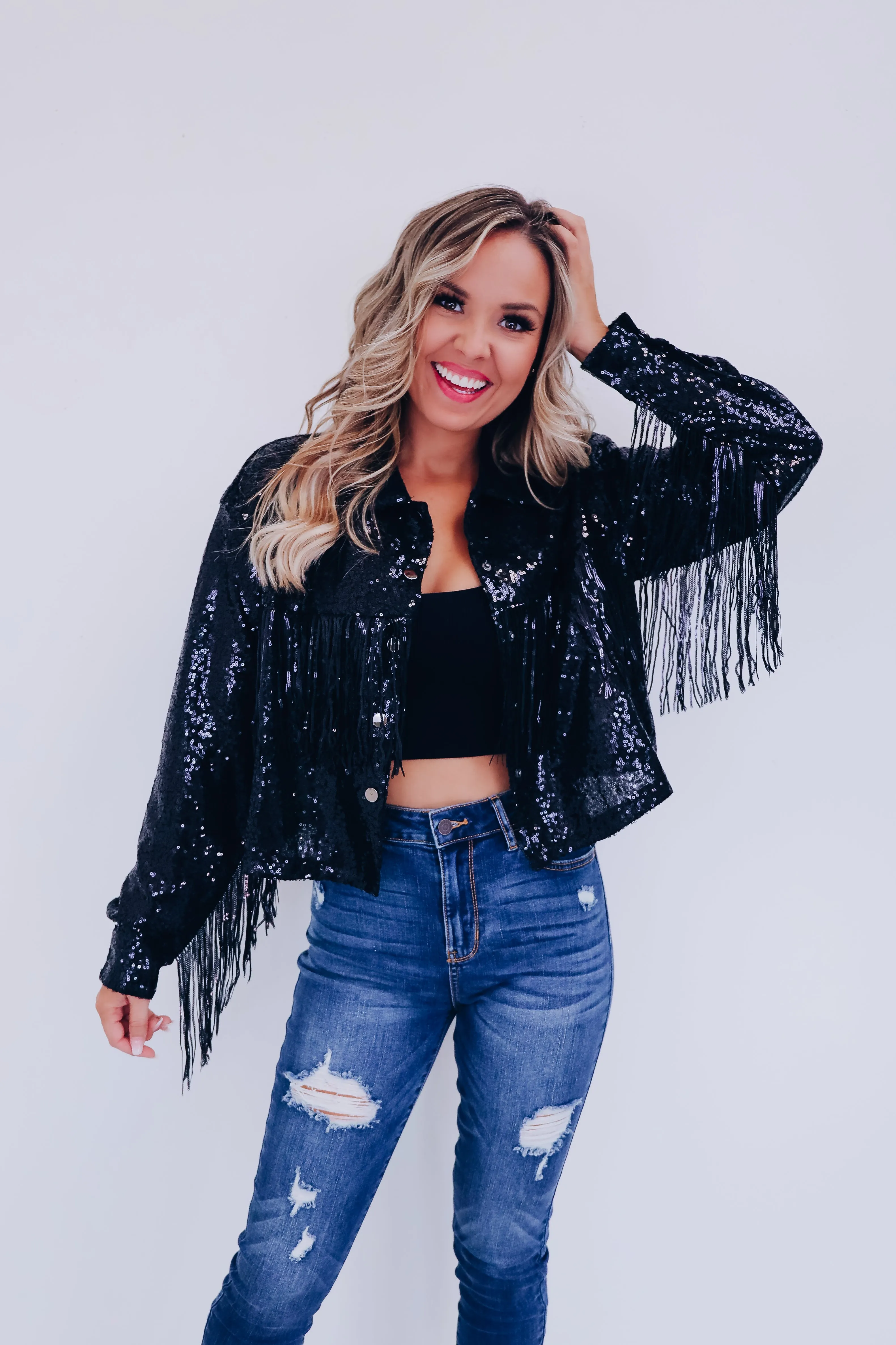 Shimmering Sequin Fringe Cropped Jacket - Black