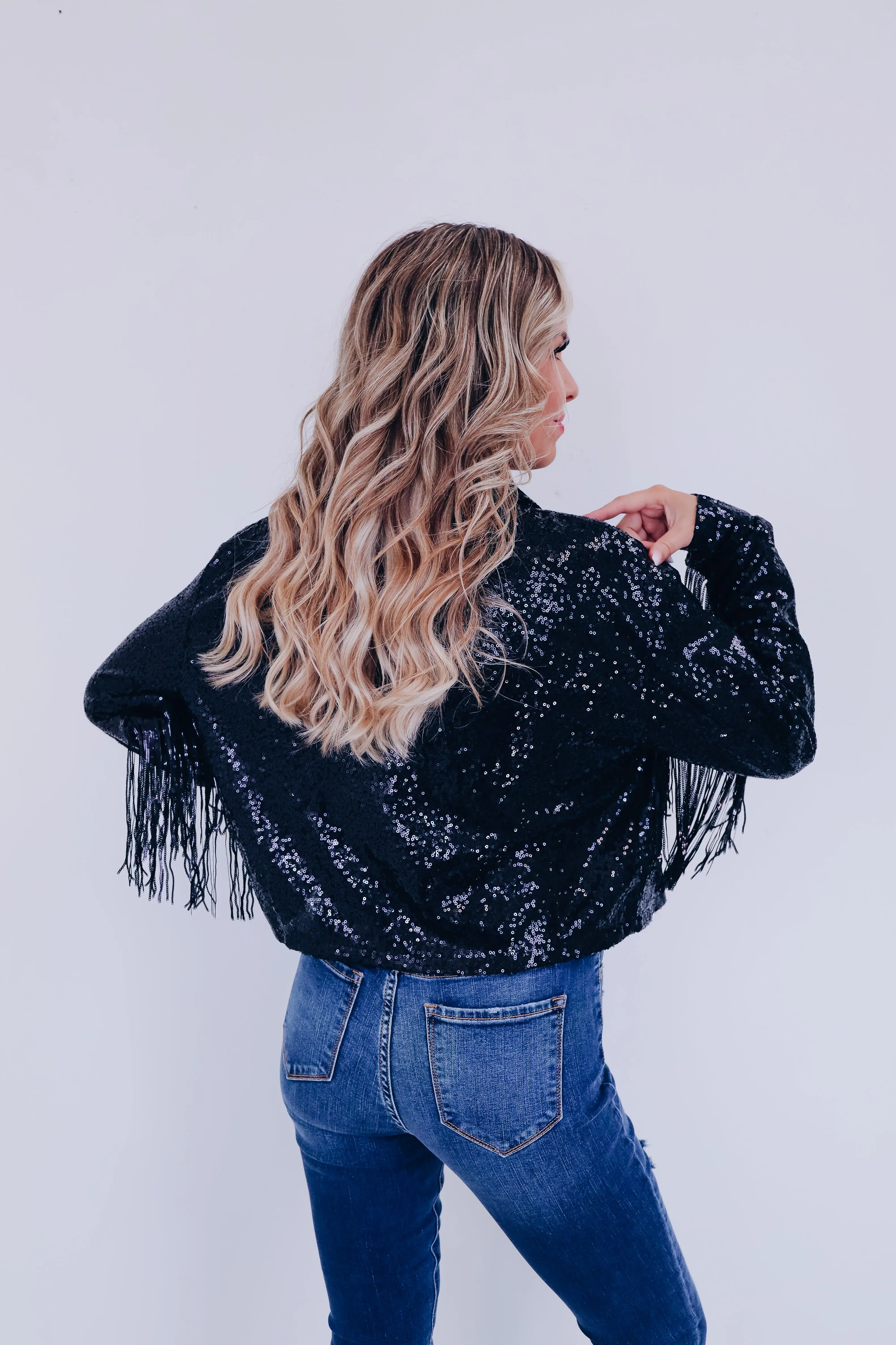 Shimmering Sequin Fringe Cropped Jacket - Black