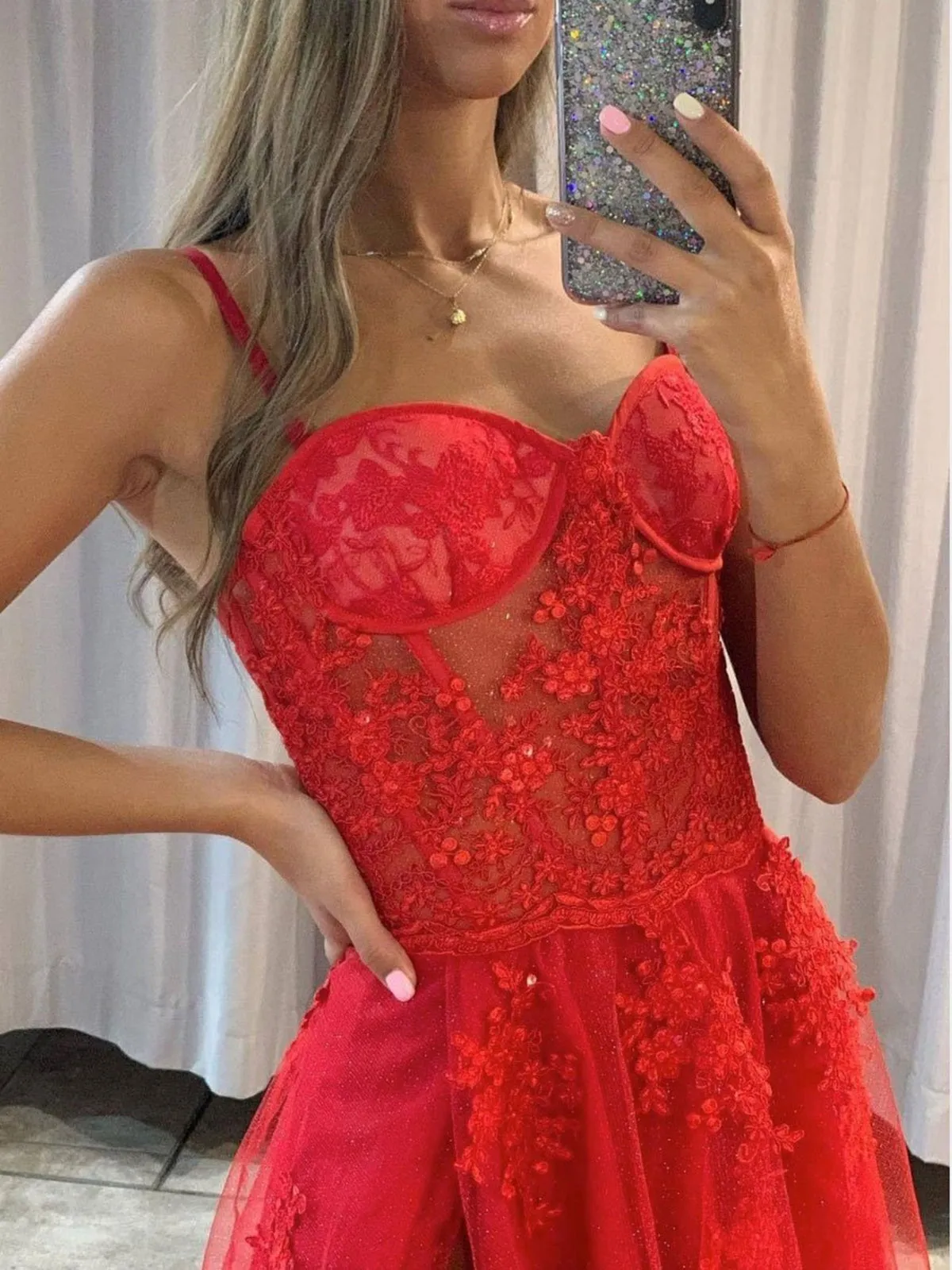 Shiny Sweetheart Neck Red Lace Long Prom Dresses, High Slit Red Lace Formal Dresses, Red Lace Evening Dresses