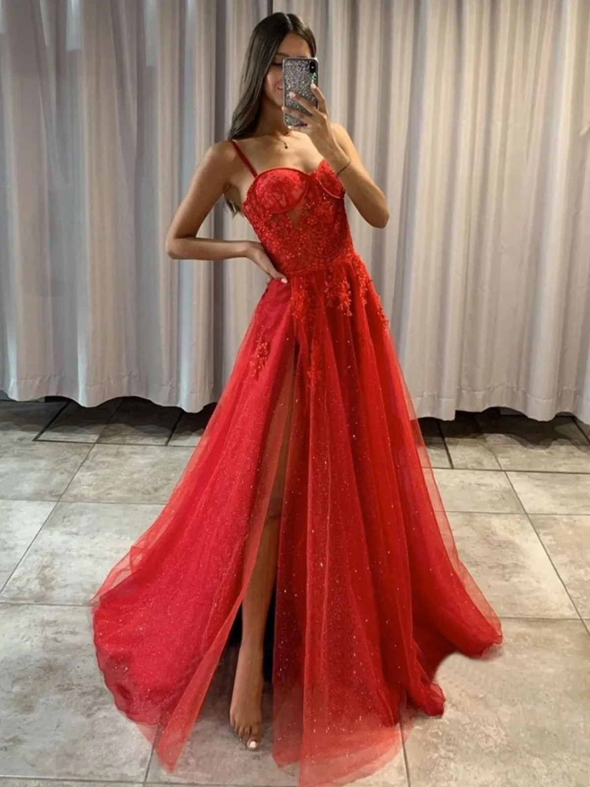 Shiny Sweetheart Neck Red Lace Long Prom Dresses, High Slit Red Lace Formal Dresses, Red Lace Evening Dresses