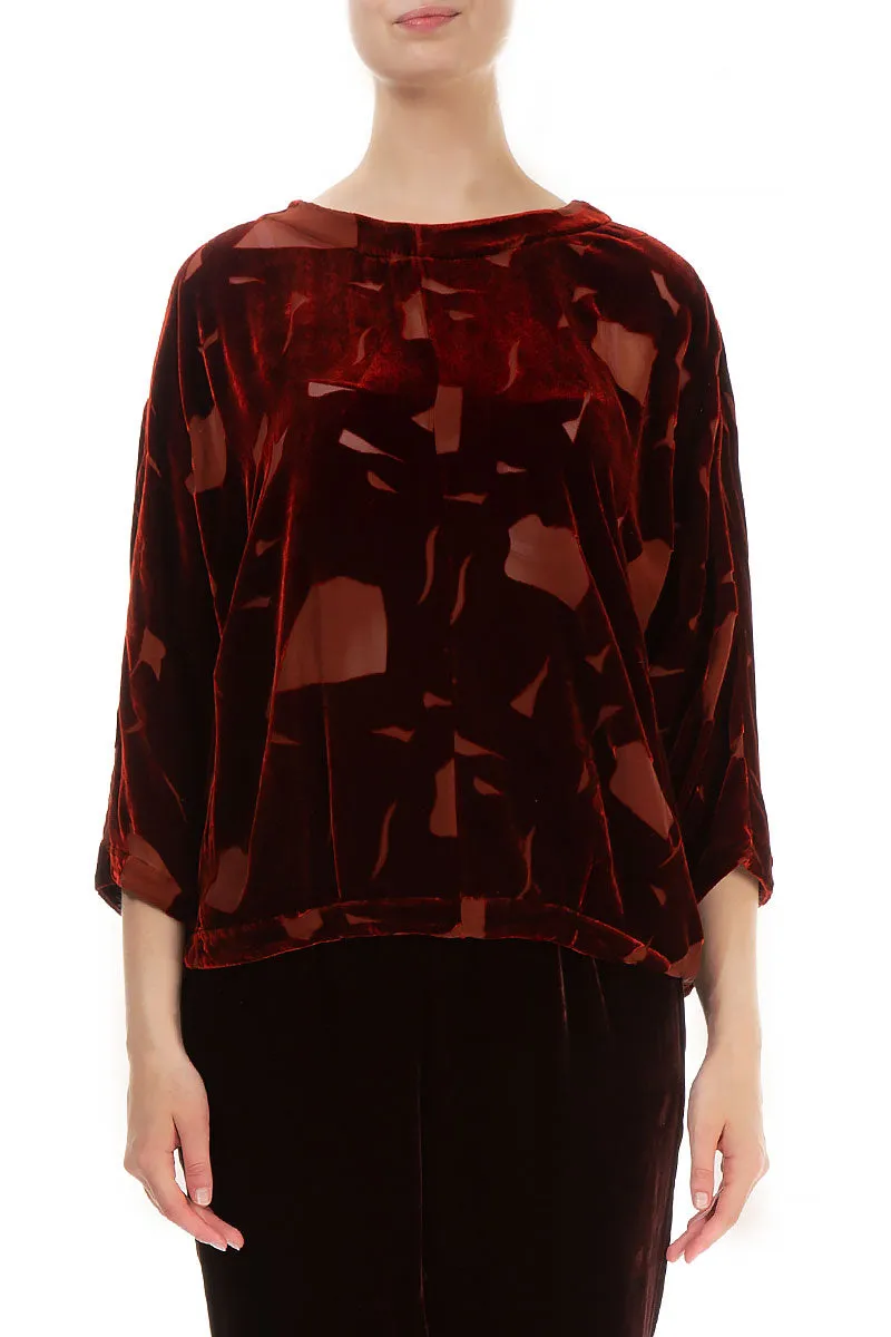 Short Abstract Devoré Brick Silk Velvet Blouse