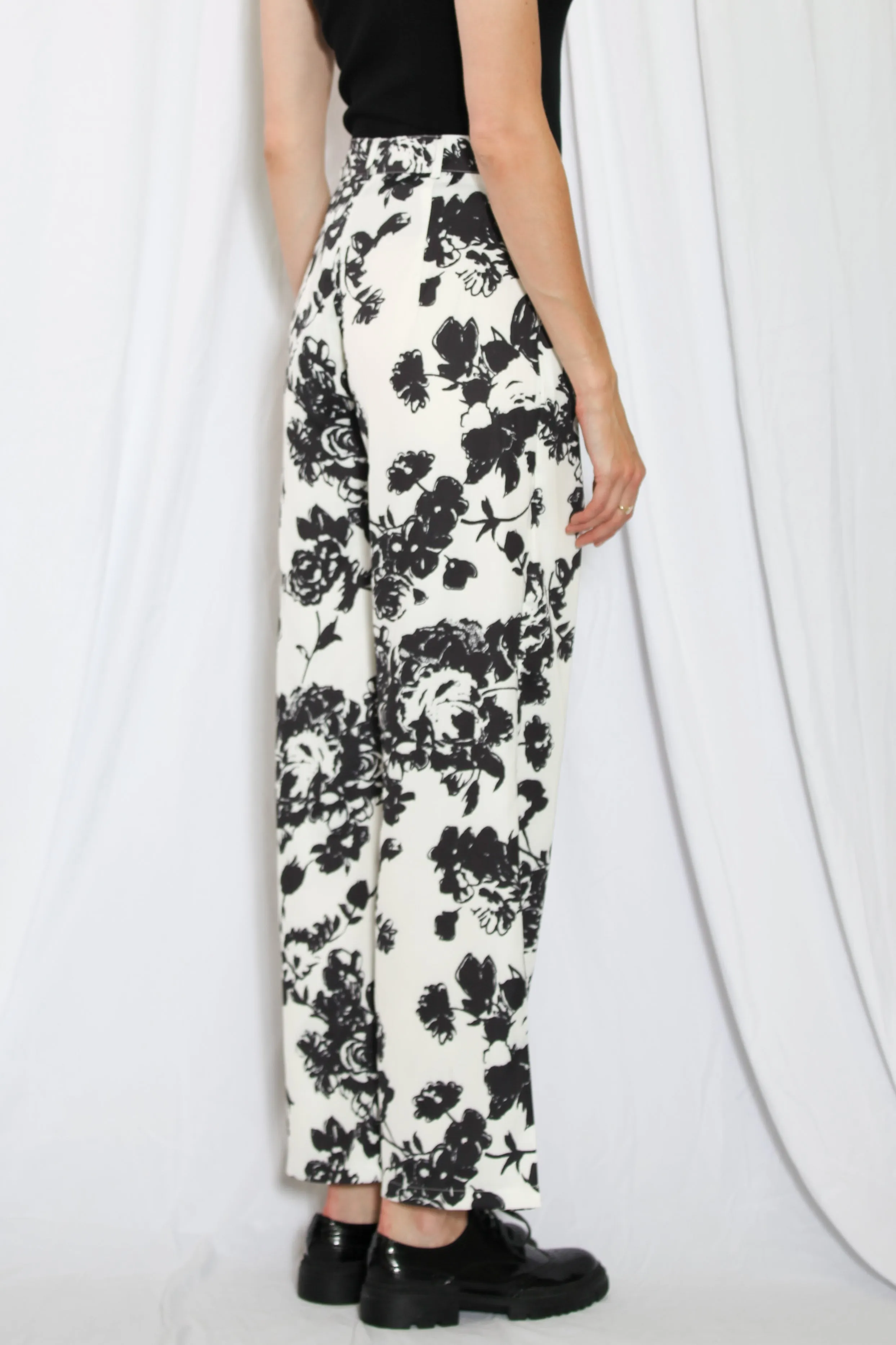 Silk Printed Black and White Floral Pants