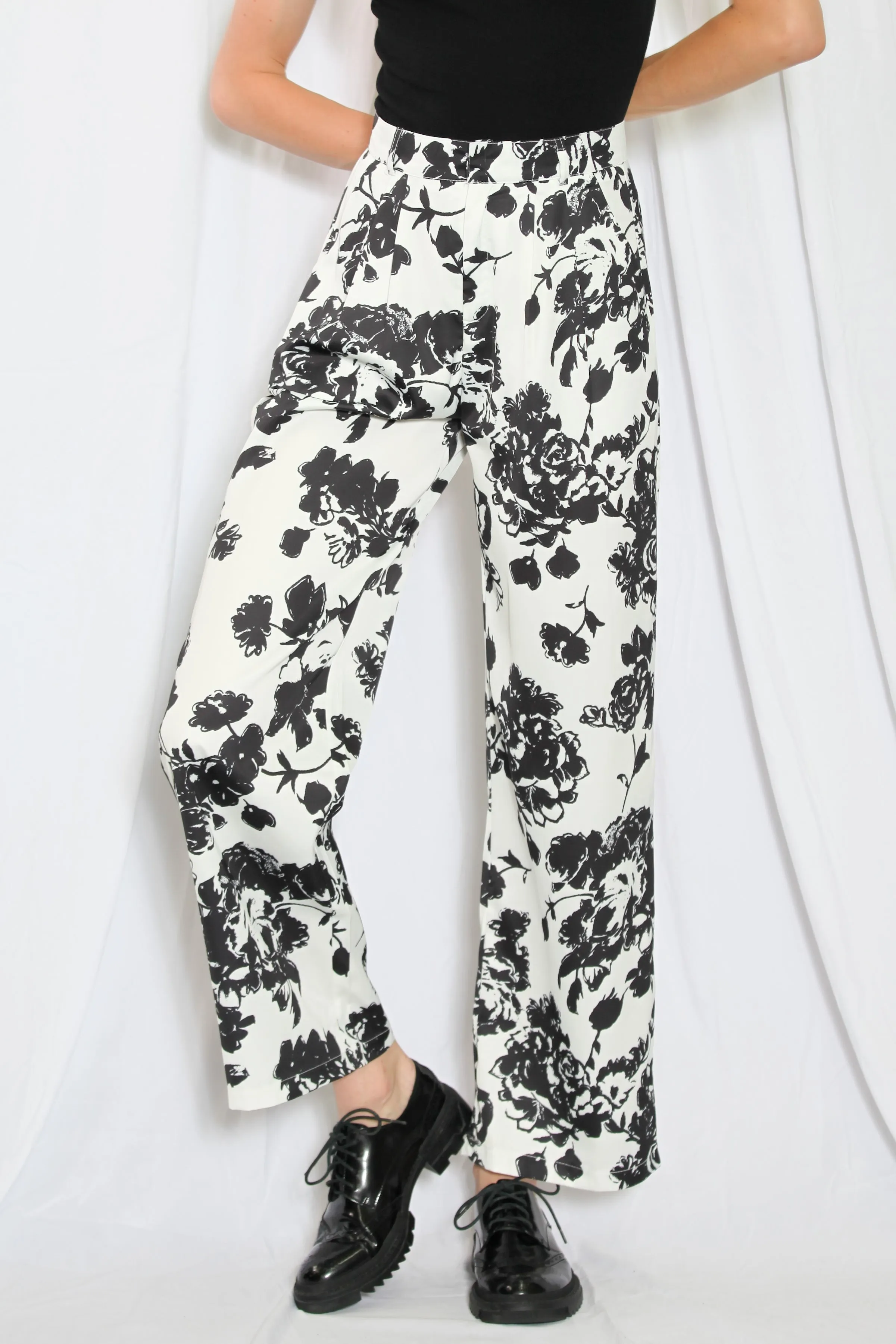 Silk Printed Black and White Floral Pants