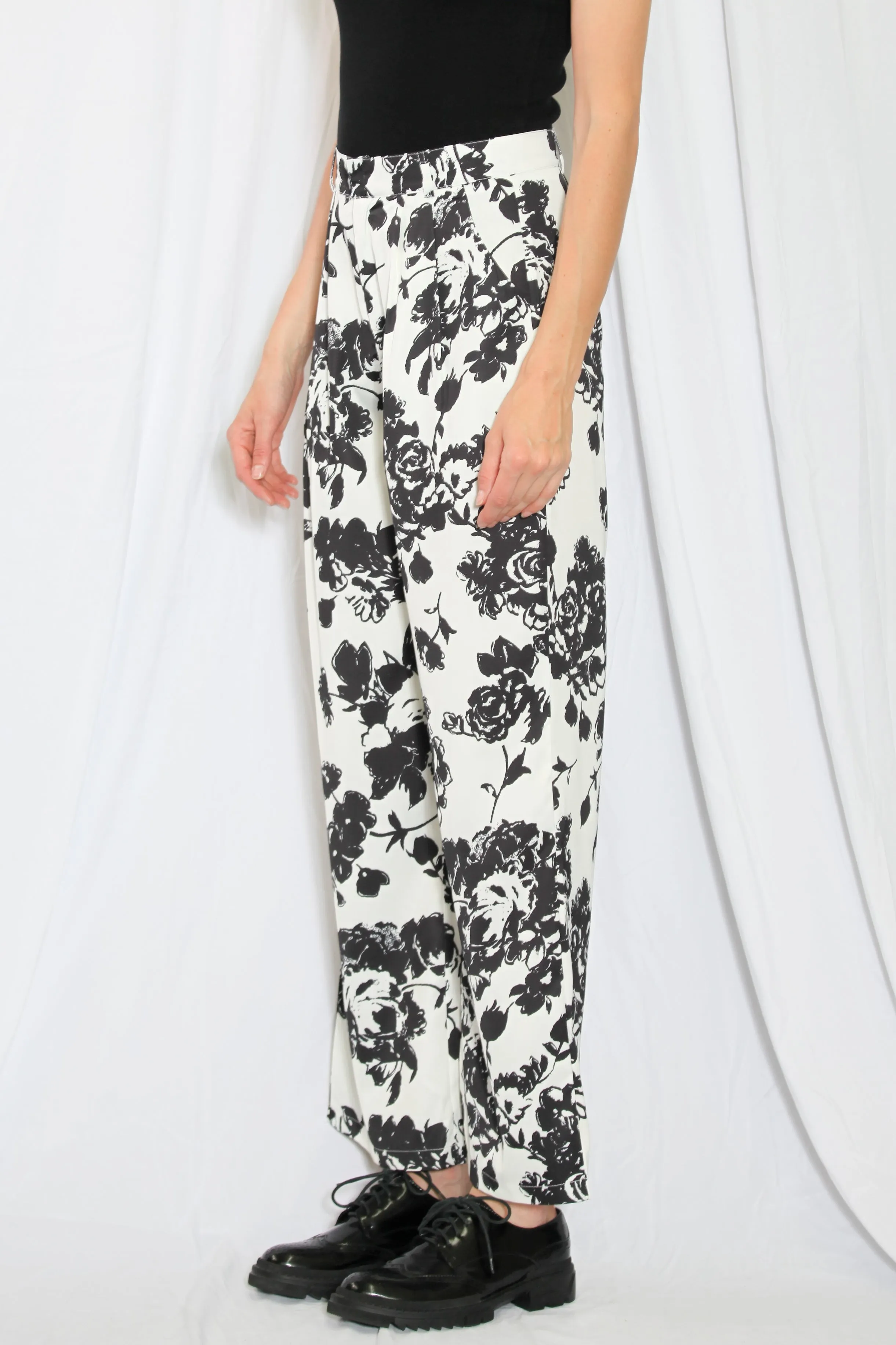 Silk Printed Black and White Floral Pants