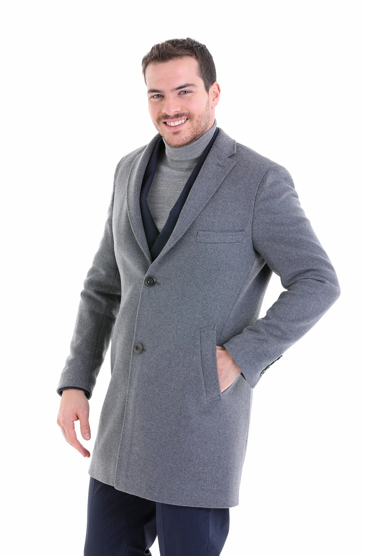 Slim Fit Cachet Notch Lapel Gray Wool Blend Overcoat