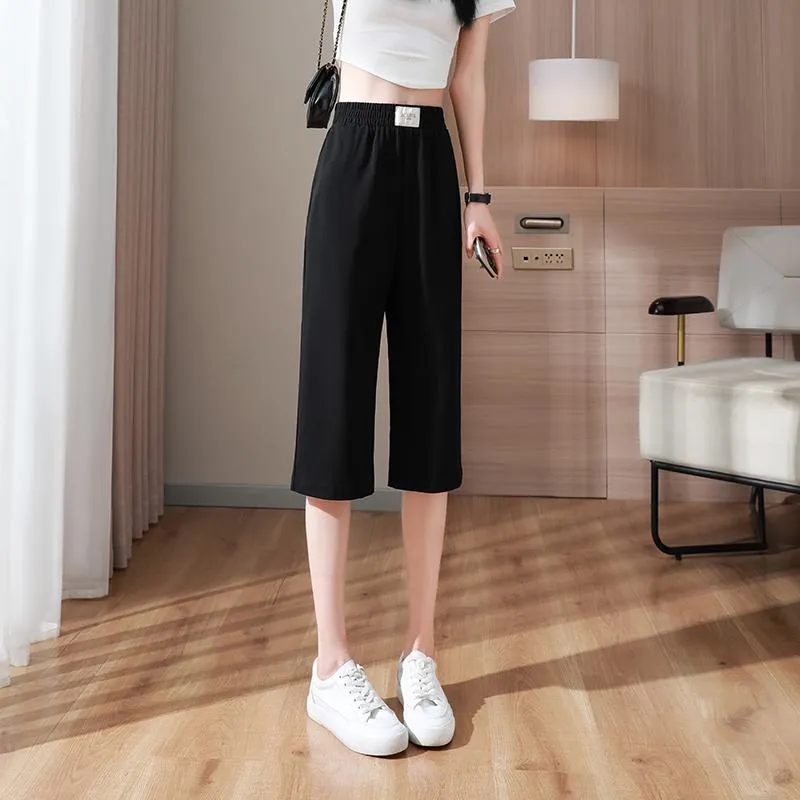 Slimming Thin Casual Chiffon High-Waisted Draping Straight Leg Silky Capri Pants