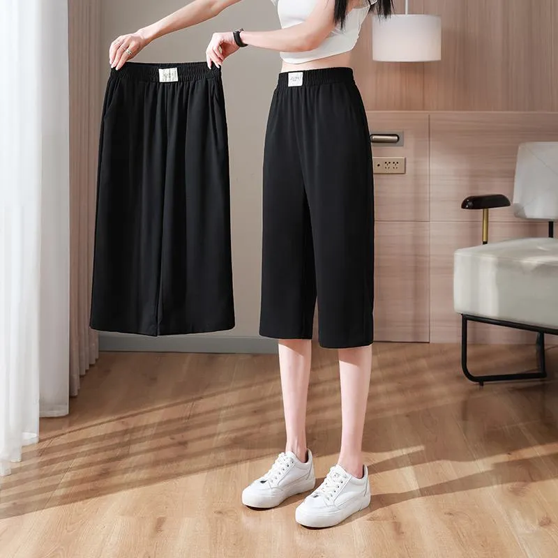 Slimming Thin Casual Chiffon High-Waisted Draping Straight Leg Silky Capri Pants