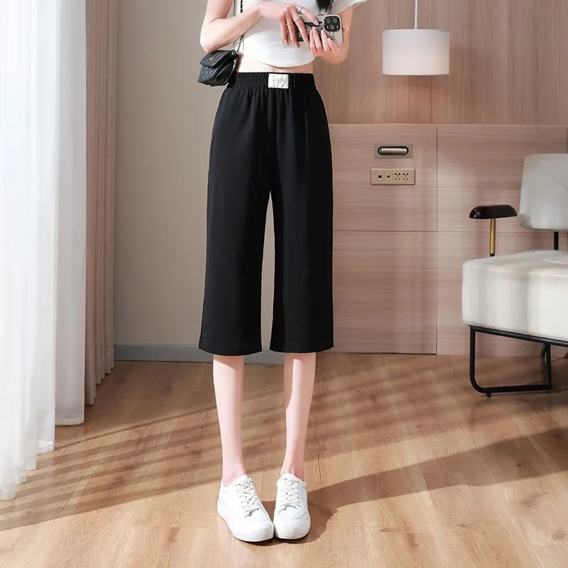 Slimming Thin Casual Chiffon High-Waisted Draping Straight Leg Silky Capri Pants