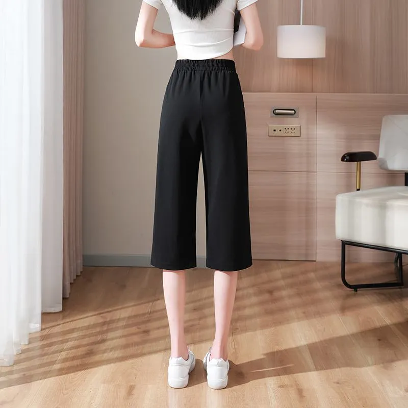 Slimming Thin Casual Chiffon High-Waisted Draping Straight Leg Silky Capri Pants