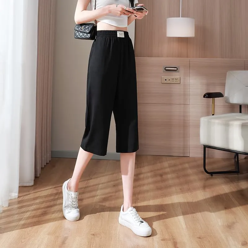 Slimming Thin Casual Chiffon High-Waisted Draping Straight Leg Silky Capri Pants