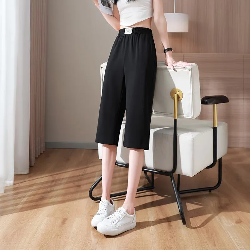 Slimming Thin Casual Chiffon High-Waisted Draping Straight Leg Silky Capri Pants