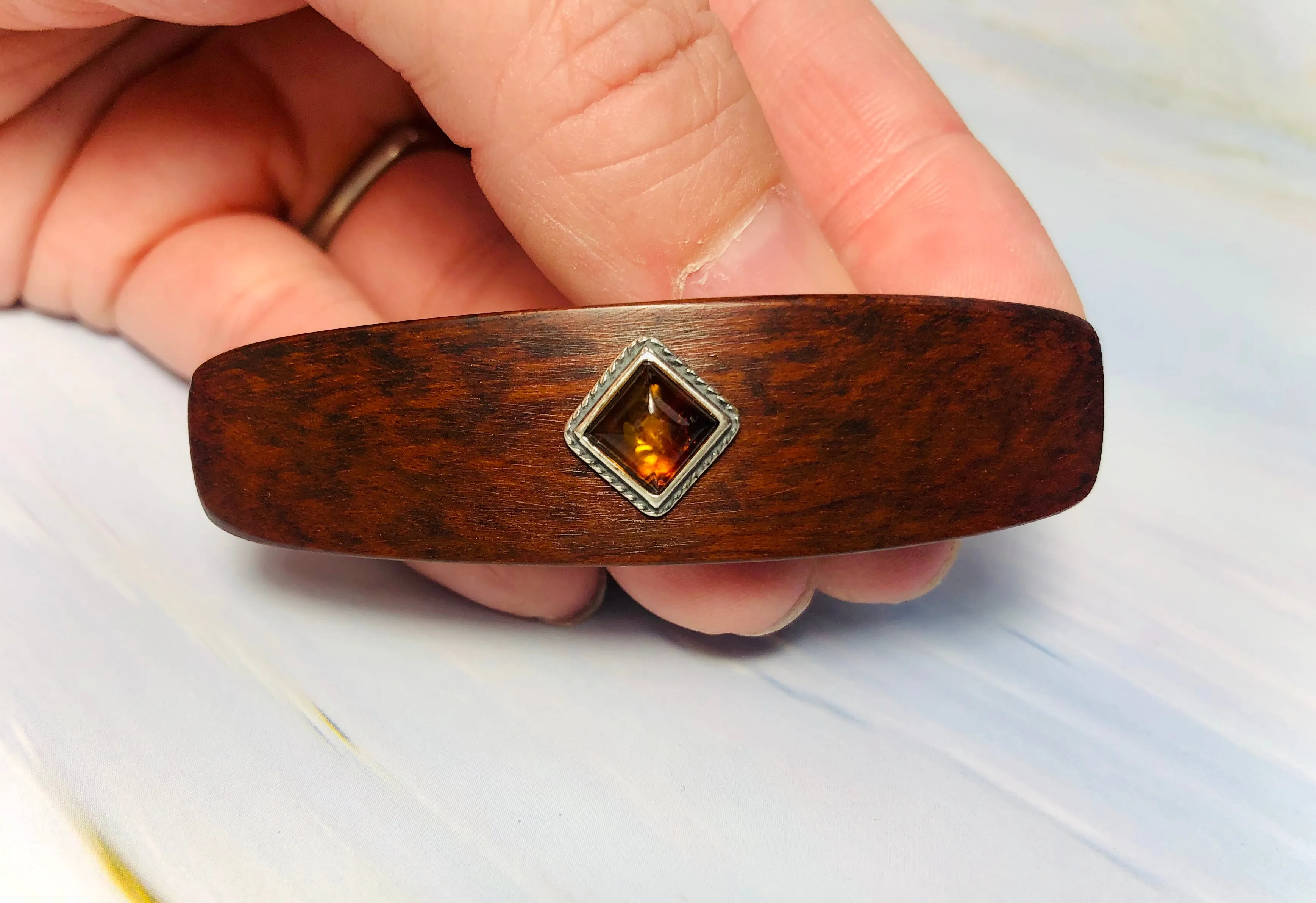 Snakewood Baltic Amber Silver Wood barrette, Elegant Hair Clip Unique Barrette