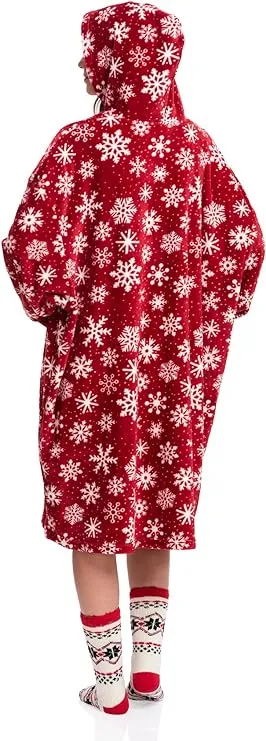 Snowflake Print Red Wearable Blanket Hoodie for Women