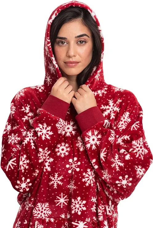 Snowflake Print Red Wearable Blanket Hoodie for Women