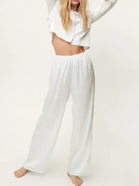 Soft Bow Decor Long Sleeve Elastic Waist Pants Sleepwear Satin Pajamas