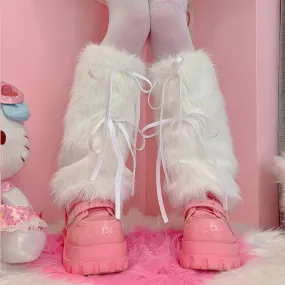 Sohiwoo Punk Ribbon Bow Faux Fur Leg Warmers Thickened Imitation Women Leggings Boots Cover Lolita Kawaii Harajuku Party Accessories