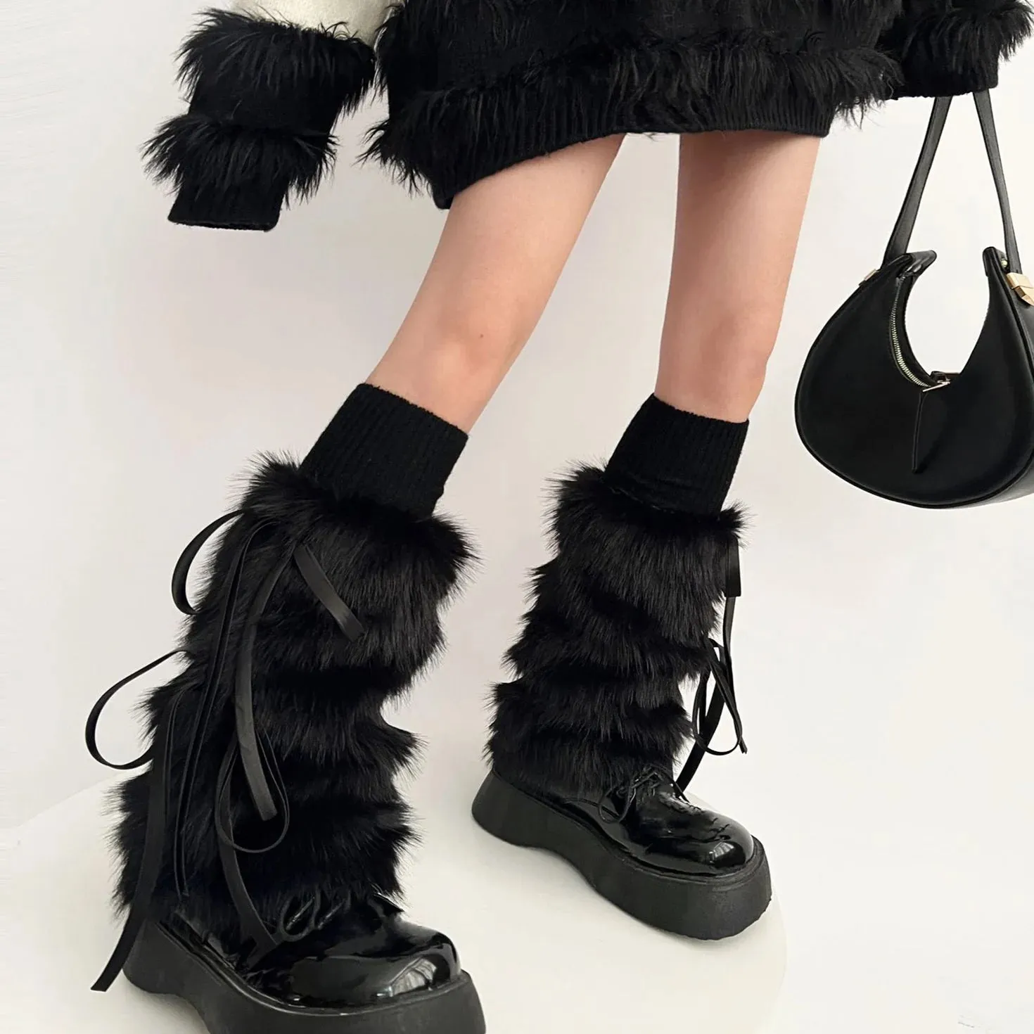 Sohiwoo Punk Ribbon Bow Faux Fur Leg Warmers Thickened Imitation Women Leggings Boots Cover Lolita Kawaii Harajuku Party Accessories