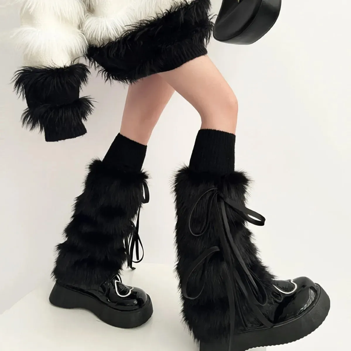 Sohiwoo Punk Ribbon Bow Faux Fur Leg Warmers Thickened Imitation Women Leggings Boots Cover Lolita Kawaii Harajuku Party Accessories