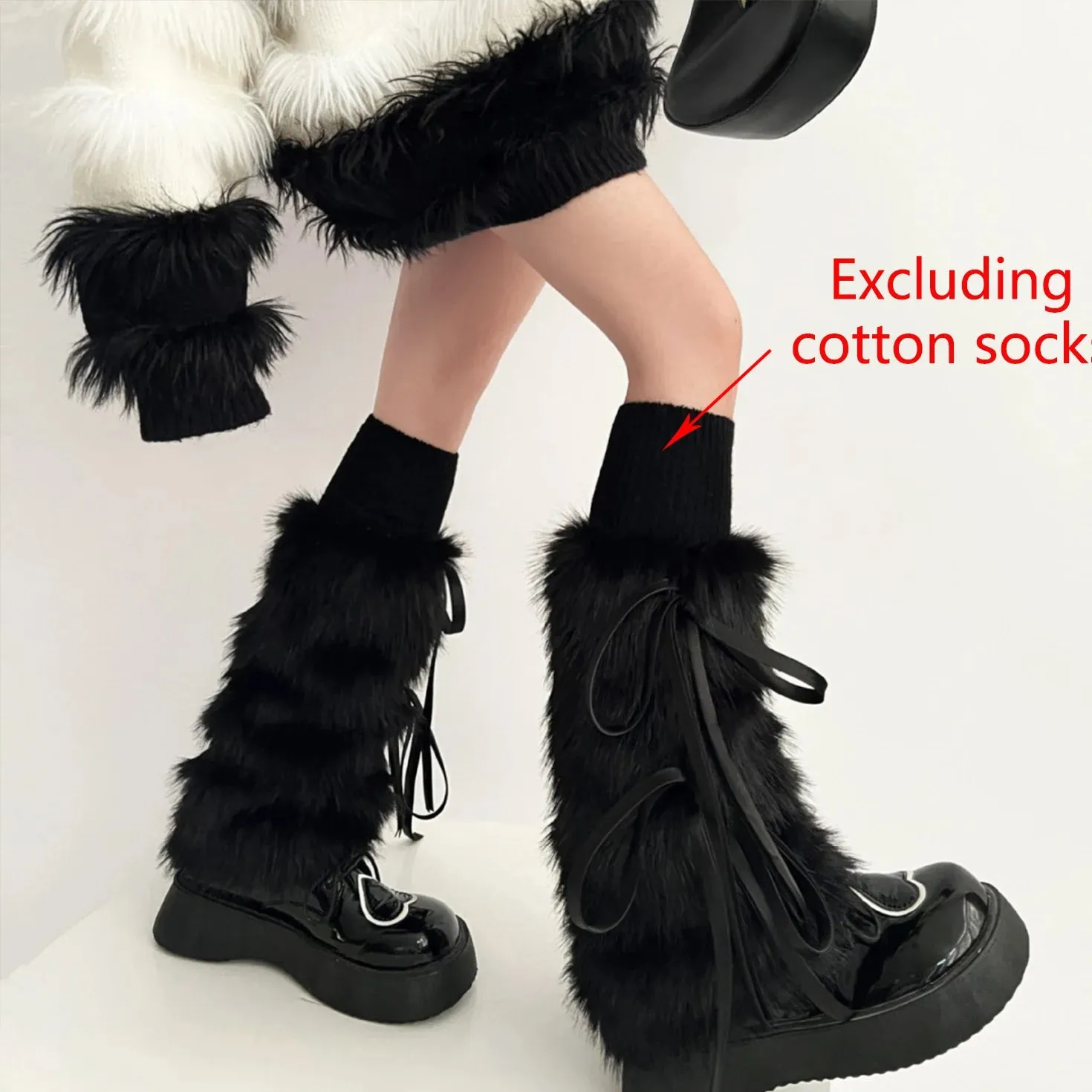 Sohiwoo Punk Ribbon Bow Faux Fur Leg Warmers Thickened Imitation Women Leggings Boots Cover Lolita Kawaii Harajuku Party Accessories