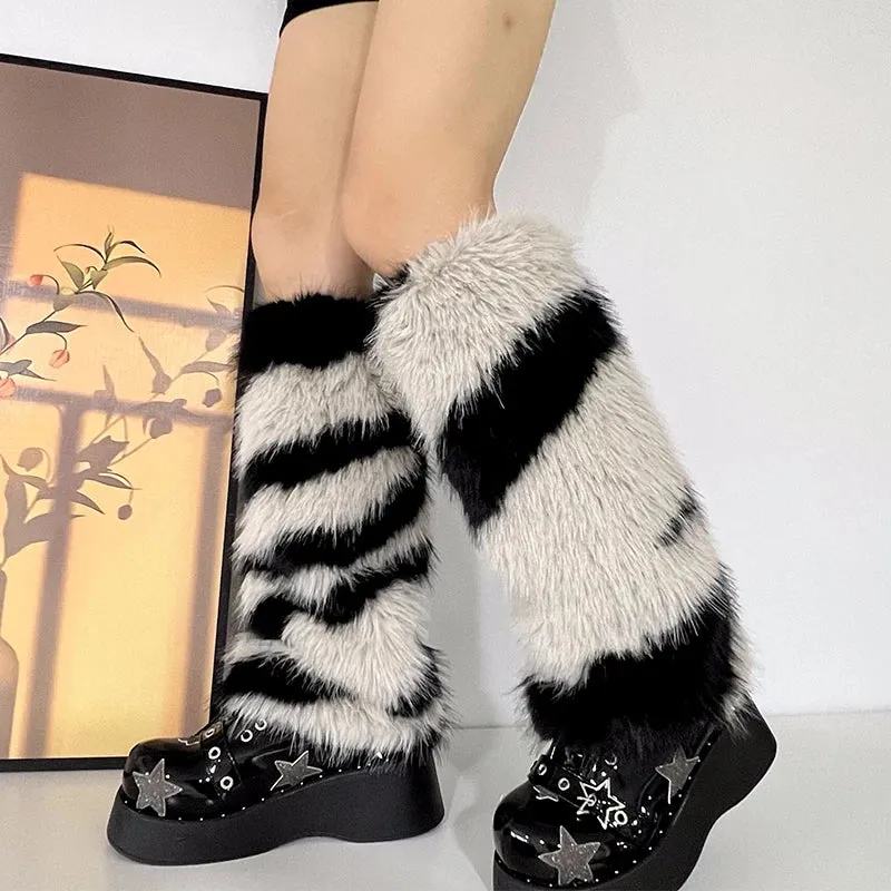 Sohiwoo PUNK Zebra Pattern Faux Fur Leg Warmers Cosplay Women Gothic Leggings Boots Cover Harajuku Night Club Sexy Party Accessories