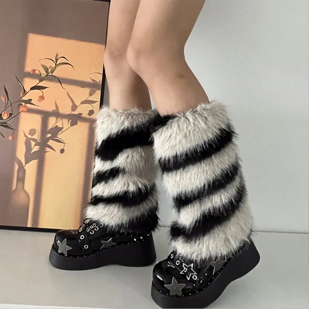 Sohiwoo PUNK Zebra Pattern Faux Fur Leg Warmers Cosplay Women Gothic Leggings Boots Cover Harajuku Night Club Sexy Party Accessories