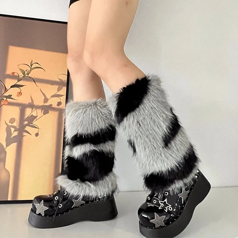 Sohiwoo PUNK Zebra Pattern Faux Fur Leg Warmers Cosplay Women Gothic Leggings Boots Cover Harajuku Night Club Sexy Party Accessories